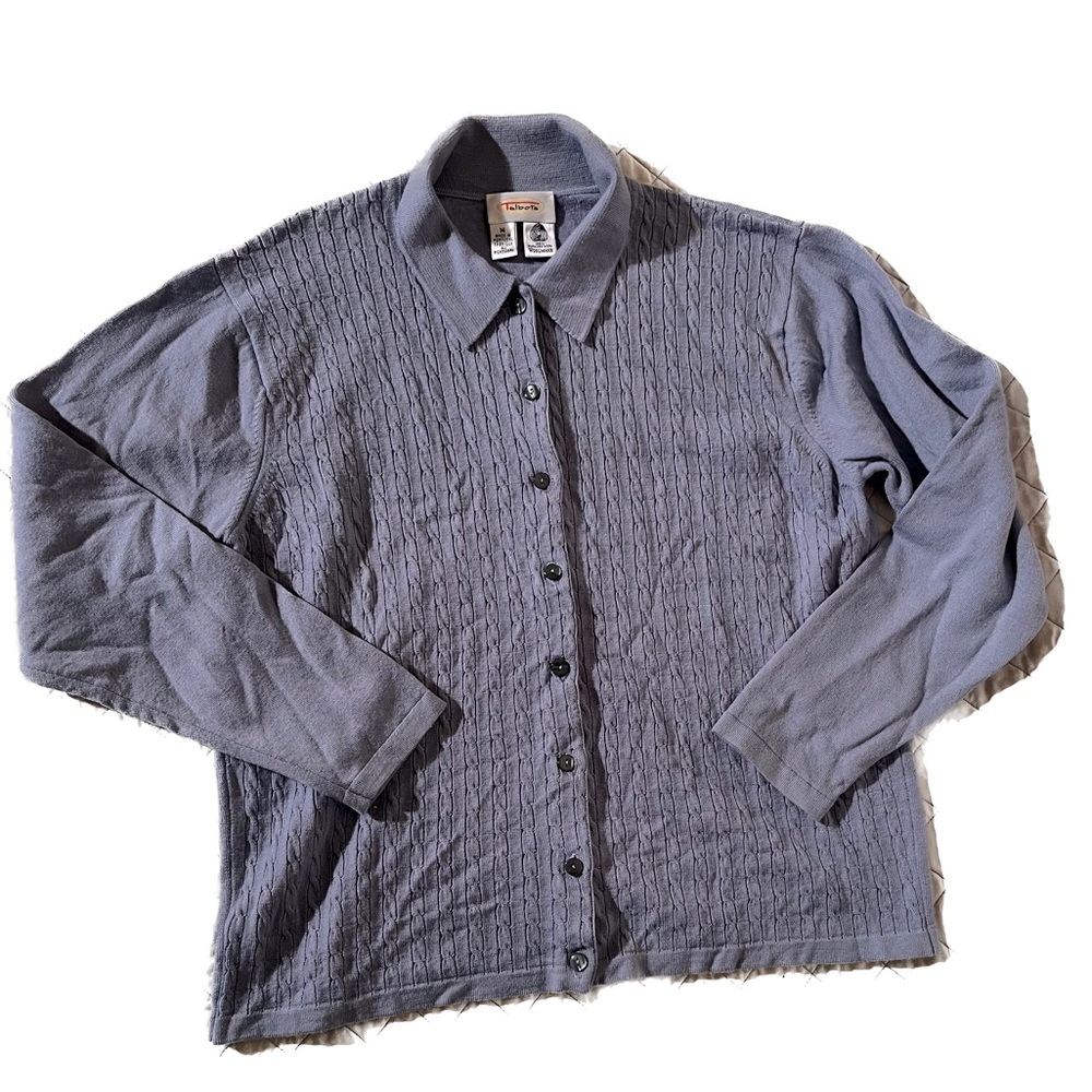Talbots 100% wool periwinkle blue cable knit collared cardigan - M